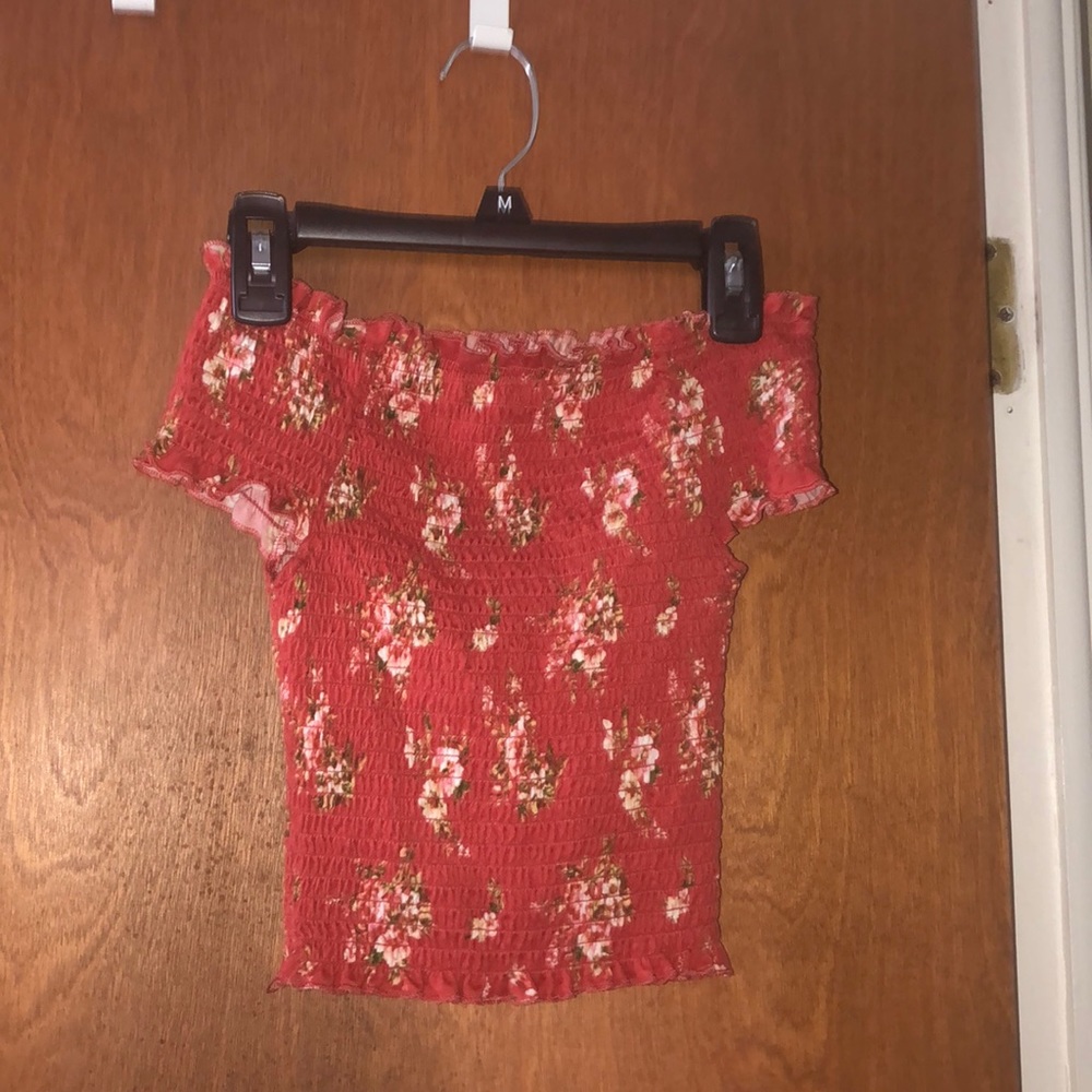 orange, floral, off the shoulder top